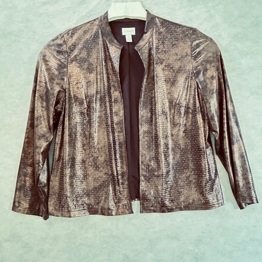Chicos Bronze Metallic Rhinestone‎ Snakeskin Print Jacket Size 3 (women’s 16) - Picture 2 of 9